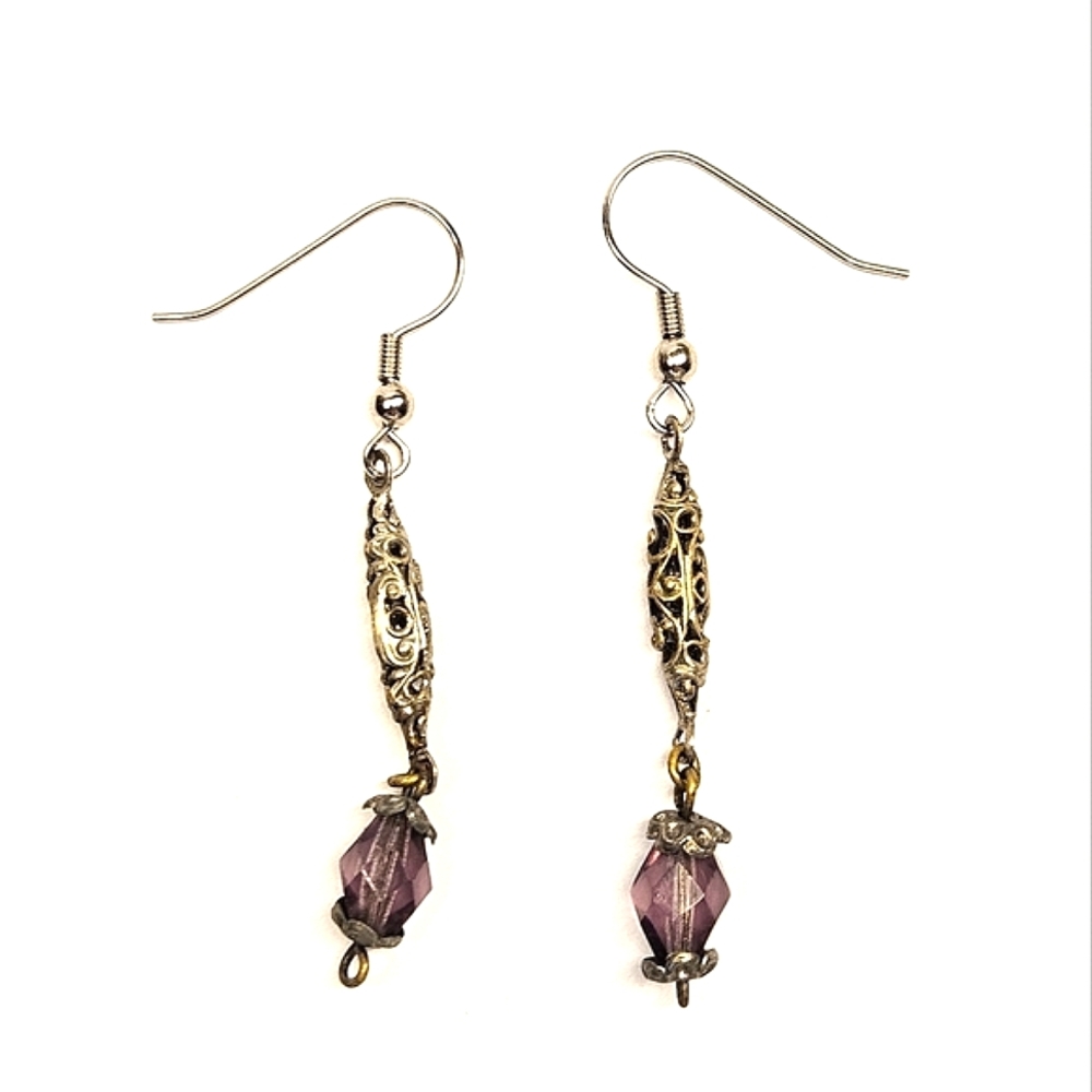 Purple Glass Bead and Filigree Earrings